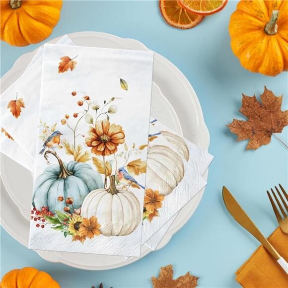 100Pcs Fall Pumpkin Paper Napkins Watercolor Floral Thanksgiving Napkins Fall - Picture 4 of 7